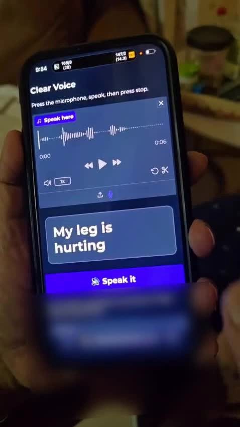 Clear Voice app on a phone showing the transcript My leg is hurting