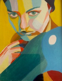 Painting: a cubist-style portrait of a woman in bold colour