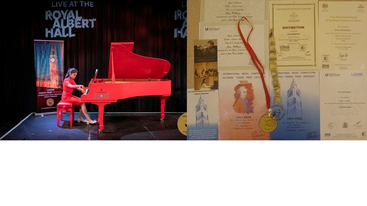 Performing on stage at the Royal Albert Hall, London, with prize certificates