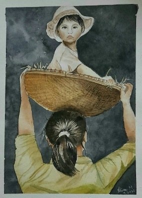Watercolour: a girl carrying a woven basket on her head