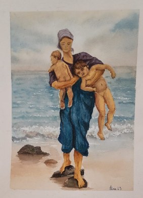 Watercolour: a woman carrying a child along the shore